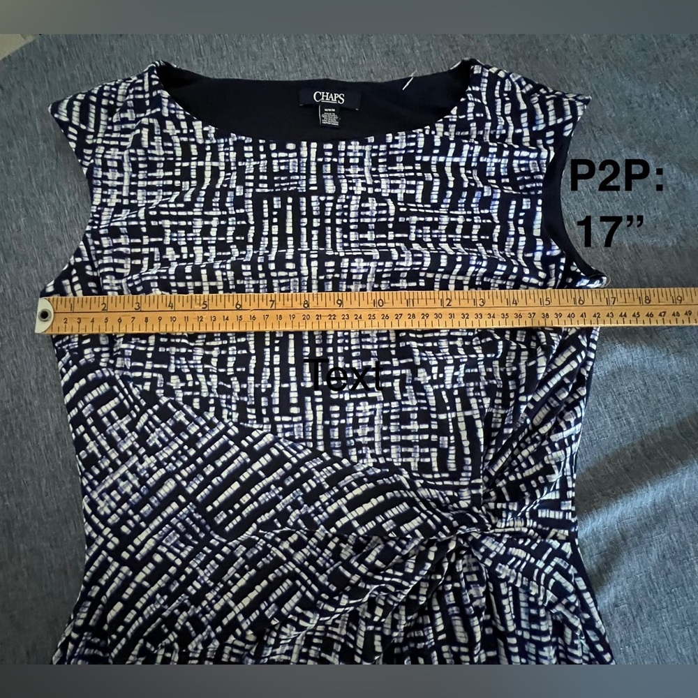 CHAPS Dress Sz M Blue & White Geometric Print Knotted Waist P2P: 17” Stretchy - Picture 2 of 12